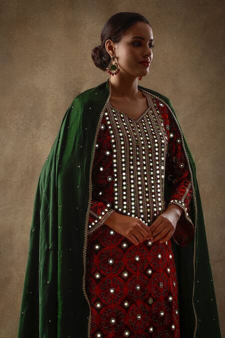 Sheeshakari_Red Velvet, Silk Sequins, Beads, Floral Swirl Embroidered Kurta Pant Set _at_Aza_Fashions
