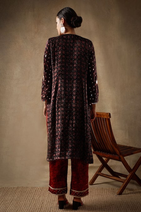 Shop_Sheeshakari_Black Velvet, Silk Sequins, Beads, Mirrors, Floral Vine Pattern Kurta Pant Set _at_Aza_Fashions