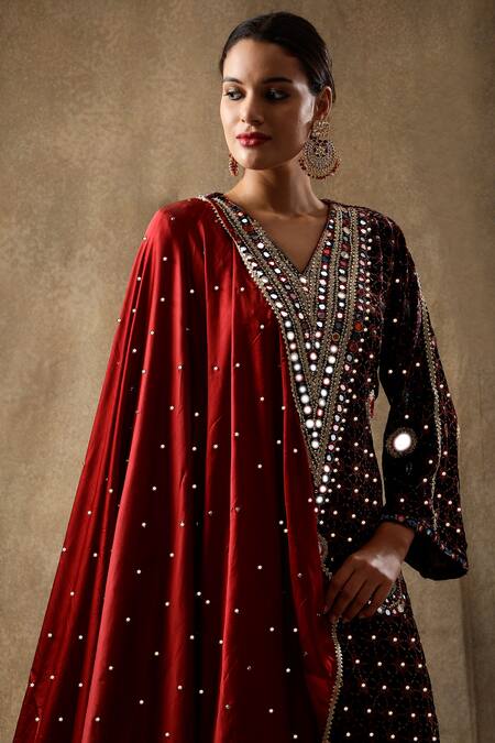 Sheeshakari_Black Velvet, Silk Sequins, Beads, Mirrors, Floral Vine Pattern Kurta Pant Set _at_Aza_Fashions