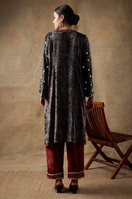 Shop_Sheeshakari_Blue Velvet, Silk Sequins, Beads, Floral Pattern Mirrorwork Kurta Pant Set _at_Aza_Fashions