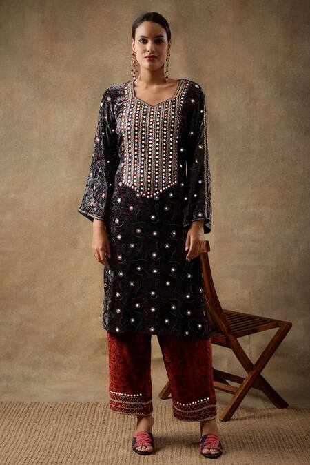 Sheeshakari_Blue Velvet, Silk Sequins, Beads, Floral Pattern Mirrorwork Kurta Pant Set _Online_at_Aza_Fashions