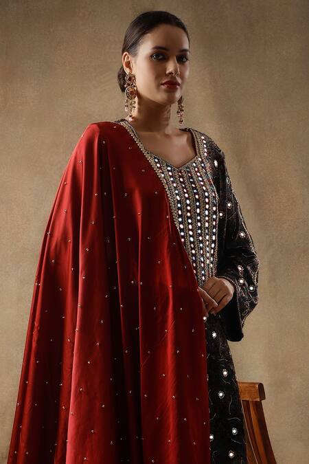 Shop_Sheeshakari_Blue Velvet, Silk Sequins, Beads, Floral Pattern Mirrorwork Kurta Pant Set _Online_at_Aza_Fashions