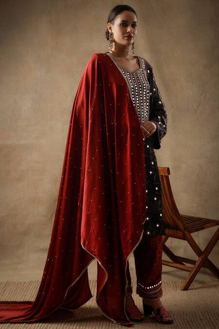 Sheeshakari_Blue Velvet, Silk Sequins, Beads, Floral Pattern Mirrorwork Kurta Pant Set _at_Aza_Fashions