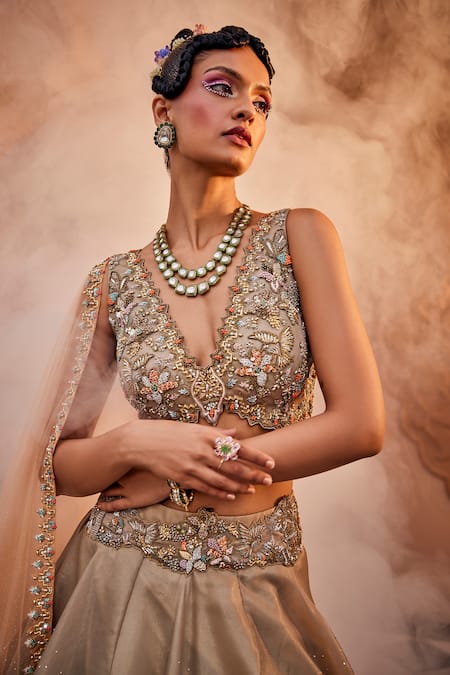 Kaaisha By Shalini Beige Organza, Tulle Beads, Sequins, Scattered Embroidered Lehenga Blouse Set Online at Aza Fashions Kaaisha By Shalini_Beige Organza, Tulle Beads, Sequins, Scattered Embroidered Lehenga Blouse Set_Online_at_Aza_Fashions