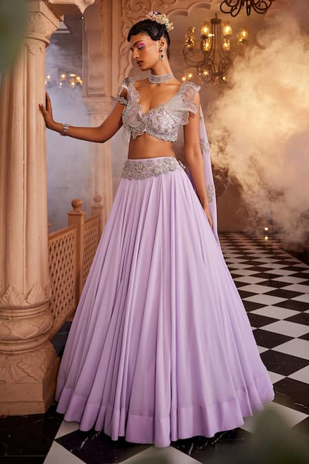 Kaaisha by Shalini Purple Italian Georgette/ Silk Hand Flared Lehenga With Structured Draped Blouse 