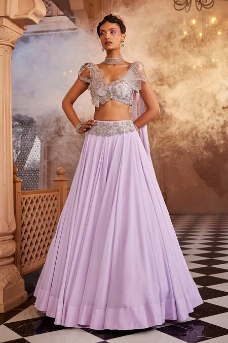 Kaaisha By Shalini_Purple Georgette, Silk Beads, Flared Lehenga With Structured Draped Blouse_Online_at_Aza_Fashions