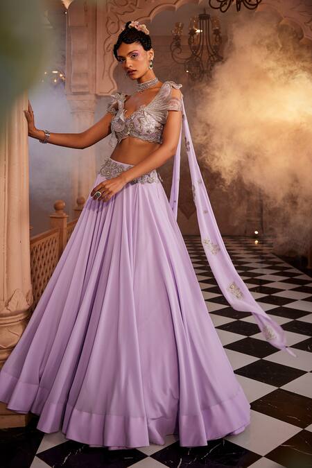 Kaaisha By Shalini_Purple Georgette, Silk Beads, Flared Lehenga With Structured Draped Blouse_at_Aza_Fashions