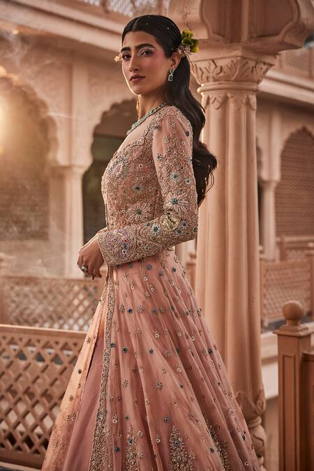 Kaaisha By Shalini_Beige Silk, Chiffon Cut Work, Sequins, Floral Embroidered Anarkali Skirt Set_Online_at_Aza_Fashions