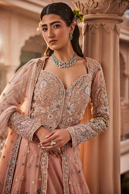 Buy_Kaaisha By Shalini_Beige Silk, Chiffon Cut Work, Sequins, Floral Embroidered Anarkali Skirt Set_Online_at_Aza_Fashions