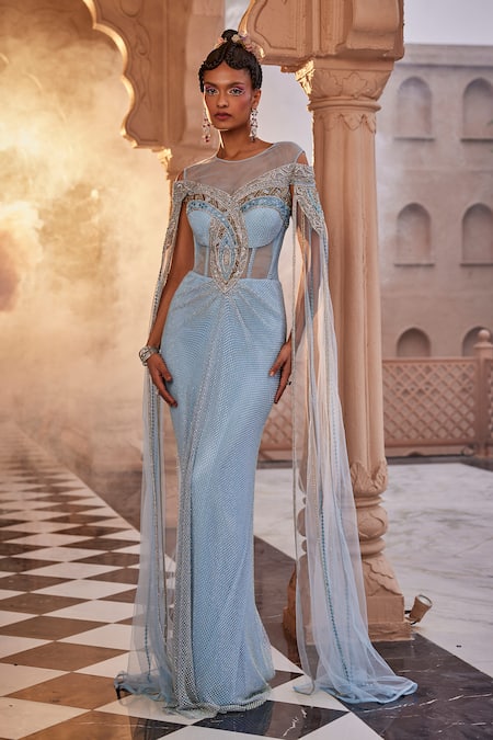 Ice Blue Princess Prom Dresses With Long Train Appliques Sash Tulle Special  Occasion Evening Wear Said Mhamad Bridal Gowns Vestidos From Click_me,  $166.84 | DHgate.Com
