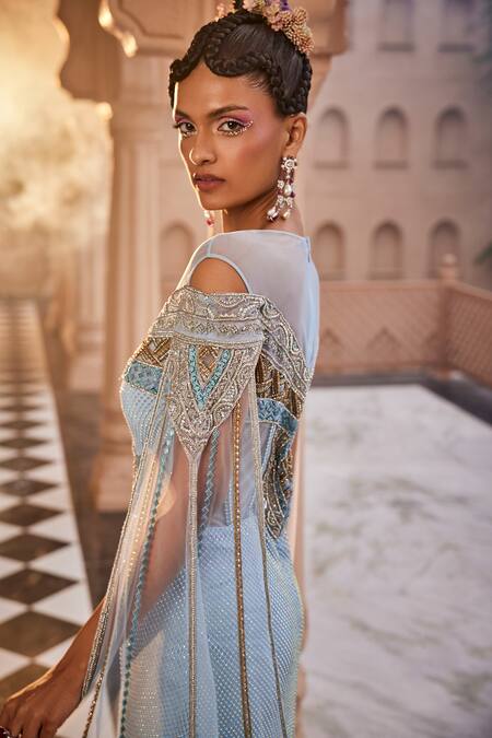 Shop Kaaisha By Shalini Blue Georgette, Tulle Zari, Beads, Cut Rhinestone Embellished Draped Corset Gown at Aza Fashions Shop_Kaaisha By Shalini_Blue Georgette, Tulle Zari, Beads, Cut Rhinestone Embellished Draped Corset Gown_at_Aza_Fashions