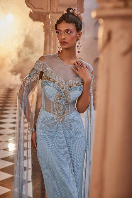 Buy Kaaisha By Shalini Blue Georgette, Tulle Zari, Beads, Cut Rhinestone Embellished Draped Corset Gown Online at Aza Fashions Buy_Kaaisha By Shalini_Blue Georgette, Tulle Zari, Beads, Cut Rhinestone Embellished Draped Corset Gown_Online_at_Aza_Fashions