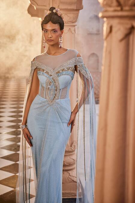 Shop Kaaisha By Shalini Blue Georgette, Tulle Zari, Beads, Cut Rhinestone Embellished Draped Corset Gown Online at Aza Fashions Shop_Kaaisha By Shalini_Blue Georgette, Tulle Zari, Beads, Cut Rhinestone Embellished Draped Corset Gown_Online_at_Aza_Fashions