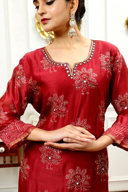Buy_Sheeshakari_Red Silk, Cotton Embroidery, Mirrors, Zari Split V-neck Peacock Motif Kurta Set _Online_at_Aza_Fashions
