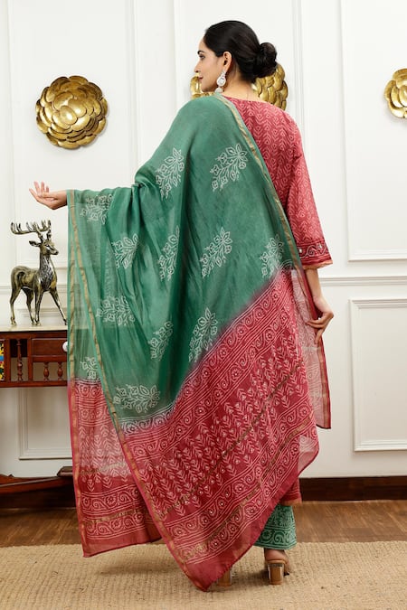 Shop_Sheeshakari_Red Silk, Cotton Mirrors, Embroidery, Gota Patti And Resham Work Kurta Pant Set _at_Aza_Fashions