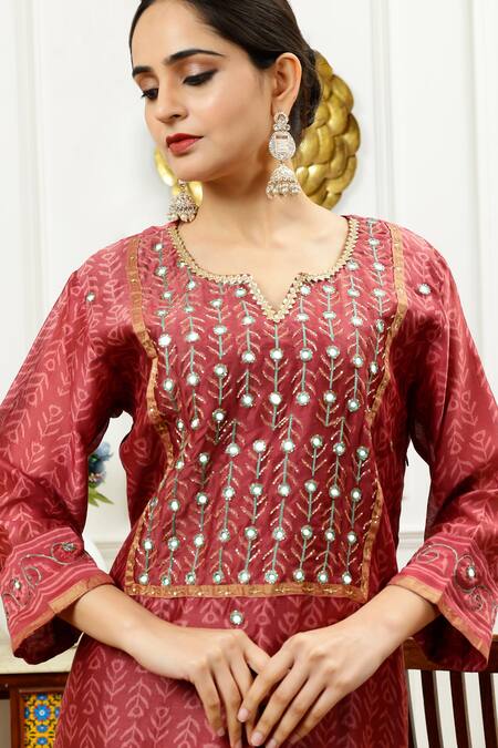 Buy_Sheeshakari_Red Silk, Cotton Mirrors, Embroidery, Gota Patti And Resham Work Kurta Pant Set _Online_at_Aza_Fashions