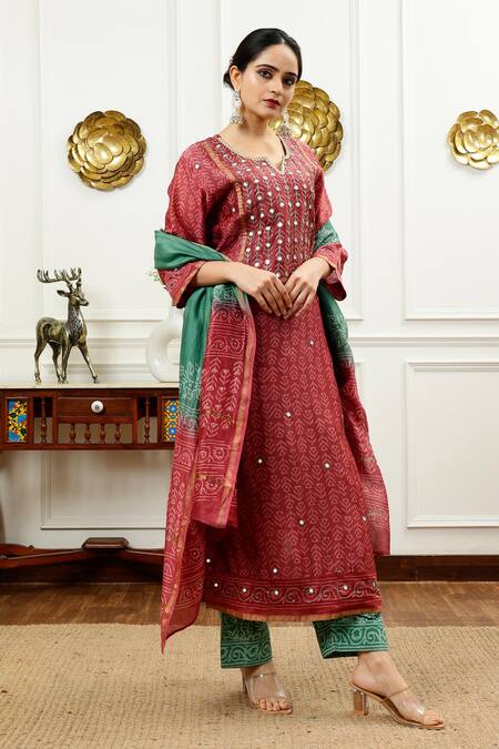 Shop_Sheeshakari_Red Silk, Cotton Mirrors, Embroidery, Gota Patti And Resham Work Kurta Pant Set _Online_at_Aza_Fashions