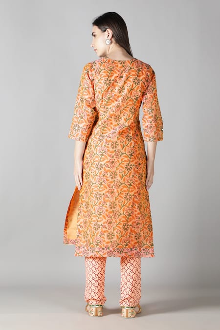 Shop_Sheeshakari_Peach Silk, Cotton Embroidery, Mirrors Floral Pattern Yoke Kurta Pant Set _at_Aza_Fashions