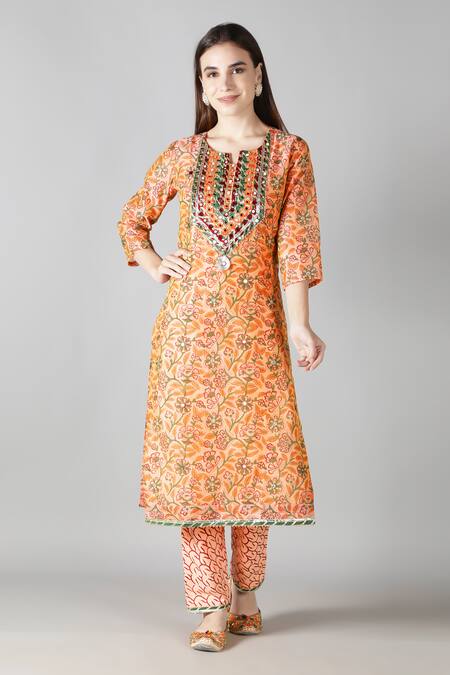 Buy_Sheeshakari_Peach Silk, Cotton Embroidery, Mirrors Floral Pattern Yoke Kurta Pant Set _Online_at_Aza_Fashions