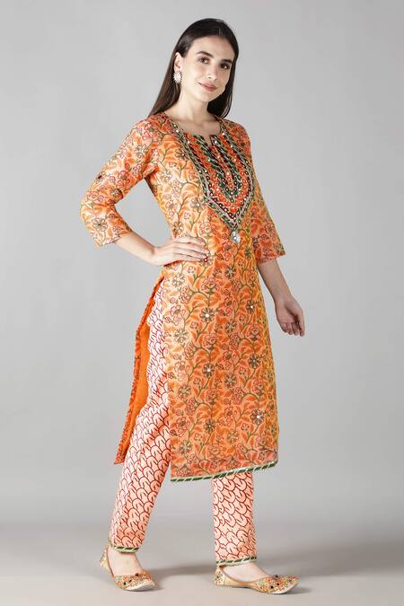 Shop_Sheeshakari_Peach Silk, Cotton Embroidery, Mirrors Floral Pattern Yoke Kurta Pant Set _Online_at_Aza_Fashions