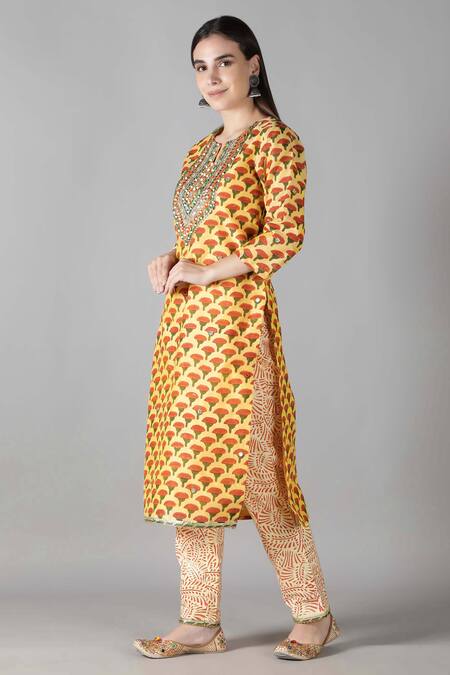 Buy_Sheeshakari_Yellow Silk, Cotton Embroidery, Mirrors Split V-neck Yoke Kurta Pant Set _Online_at_Aza_Fashions
