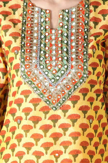 Shop_Sheeshakari_Yellow Silk, Cotton Embroidery, Mirrors Split V-neck Yoke Kurta Pant Set _Online_at_Aza_Fashions