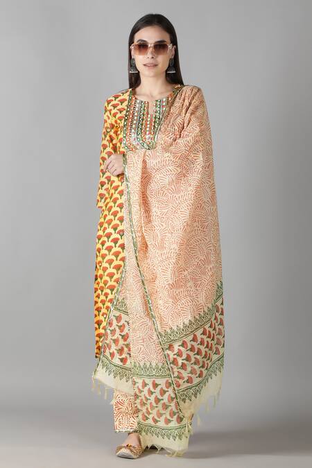 Sheeshakari_Yellow Silk, Cotton Embroidery, Mirrors Split V-neck Yoke Kurta Pant Set _at_Aza_Fashions