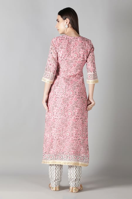 Shop_Sheeshakari_Pink Silk, Cotton Sequins, Mirrors Floral Pattern Embroidered Kurta Pant Set _at_Aza_Fashions