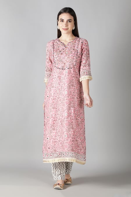 Buy_Sheeshakari_Pink Silk, Cotton Sequins, Mirrors Floral Pattern Embroidered Kurta Pant Set _Online_at_Aza_Fashions