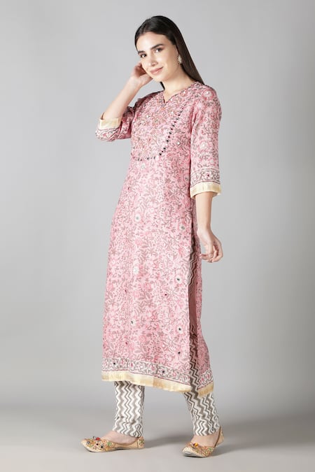 Shop_Sheeshakari_Pink Silk, Cotton Sequins, Mirrors Floral Pattern Embroidered Kurta Pant Set _Online_at_Aza_Fashions