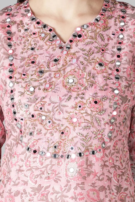 Sheeshakari_Pink Silk, Cotton Sequins, Mirrors Floral Pattern Embroidered Kurta Pant Set _at_Aza_Fashions