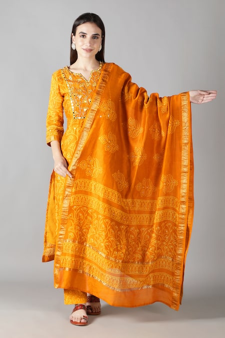 Sheeshakari Yellow Silk Embroidered Mirror Notched Embellished Kurta Pant Set 