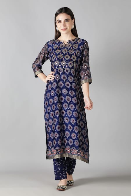 Buy_Sheeshakari_Purple Silk, Cotton Mirrors, Embroidery Poppy Floral Pattern Kurta Pant Set _Online_at_Aza_Fashions
