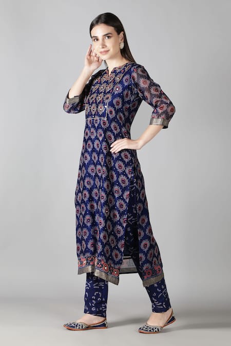 Shop_Sheeshakari_Purple Silk, Cotton Mirrors, Embroidery Poppy Floral Pattern Kurta Pant Set _Online_at_Aza_Fashions