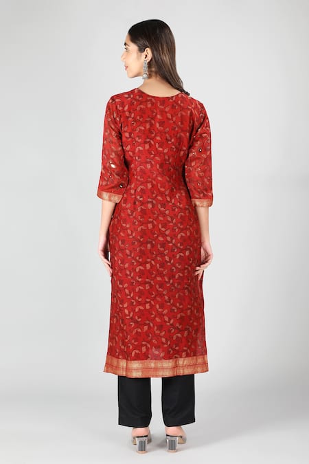 Shop_Sheeshakari_Red Silk, Cotton Embroidery, Mirrors Split Floral Vine Pattern Kurta Pant Set _at_Aza_Fashions