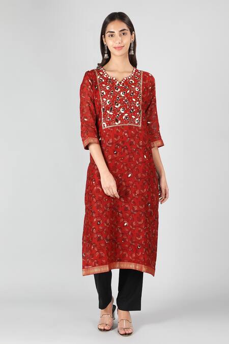 Sheeshakari_Red Silk, Cotton Embroidery, Mirrors Split Floral Vine Pattern Kurta Pant Set _Online_at_Aza_Fashions
