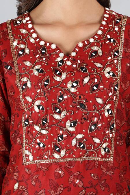 Buy_Sheeshakari_Red Silk, Cotton Embroidery, Mirrors Split Floral Vine Pattern Kurta Pant Set _Online_at_Aza_Fashions