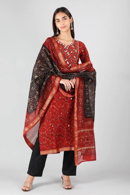 Shop_Sheeshakari_Red Silk, Cotton Embroidery, Mirrors Split Floral Vine Pattern Kurta Pant Set _Online_at_Aza_Fashions
