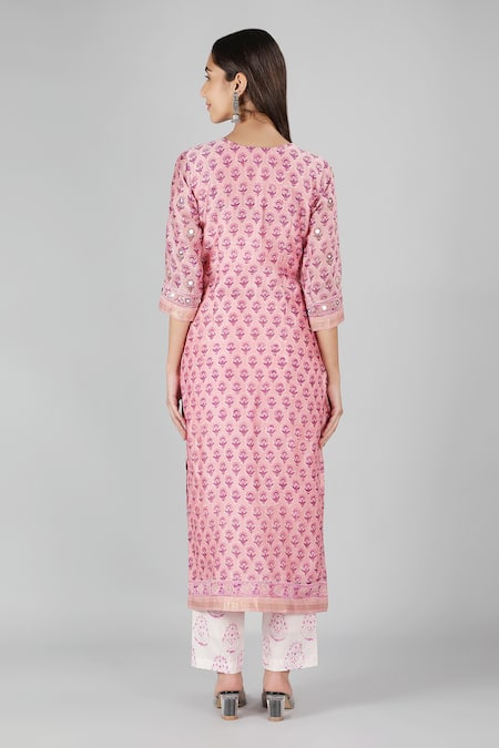 Shop_Sheeshakari_Pink Silk, Cotton Sequins, Mirrors Split V-neck Floral Work Kurta Set _at_Aza_Fashions
