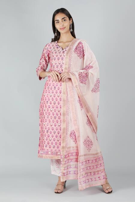Sheeshakari_Pink Silk, Cotton Sequins, Mirrors Split V-neck Floral Work Kurta Set _Online_at_Aza_Fashions