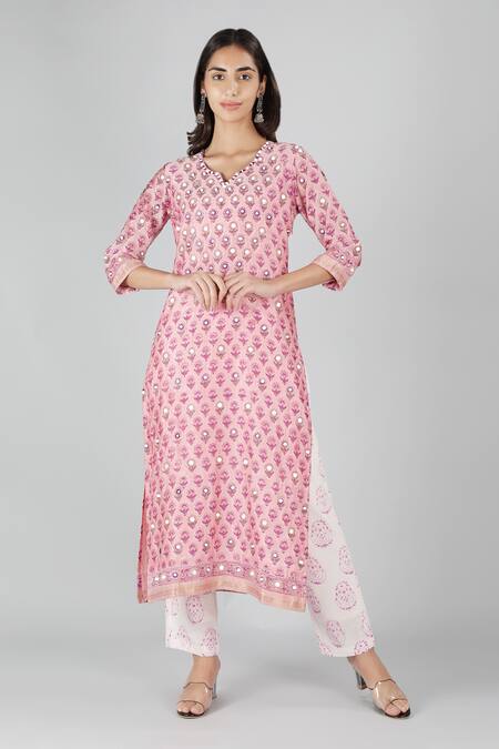 Buy_Sheeshakari_Pink Silk, Cotton Sequins, Mirrors Split V-neck Floral Work Kurta Set _Online_at_Aza_Fashions