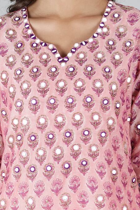 Shop_Sheeshakari_Pink Silk, Cotton Sequins, Mirrors Split V-neck Floral Work Kurta Set _Online_at_Aza_Fashions