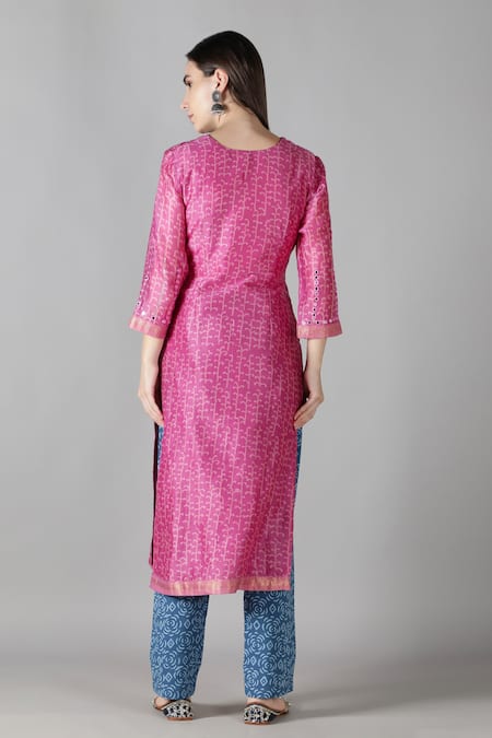 Shop_Sheeshakari_Pink Silk, Cotton Mirrors, Embroidery Split V-neck And Tikki Work Kurta Pant Set _at_Aza_Fashions