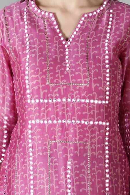 Shop_Sheeshakari_Pink Silk, Cotton Mirrors, Embroidery Split V-neck And Tikki Work Kurta Pant Set _Online_at_Aza_Fashions