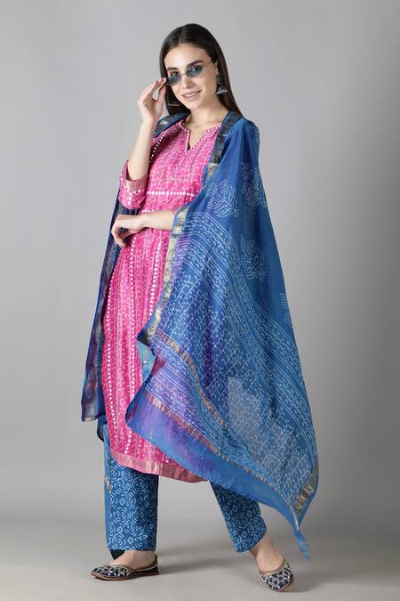 Sheeshakari_Pink Silk, Cotton Mirrors, Embroidery Split V-neck And Tikki Work Kurta Pant Set _at_Aza_Fashions