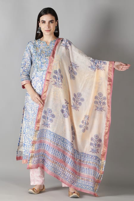 Sheeshakari Blue Silk Embroidered Mirror Notched And Aari Work Kurta Pant Set 