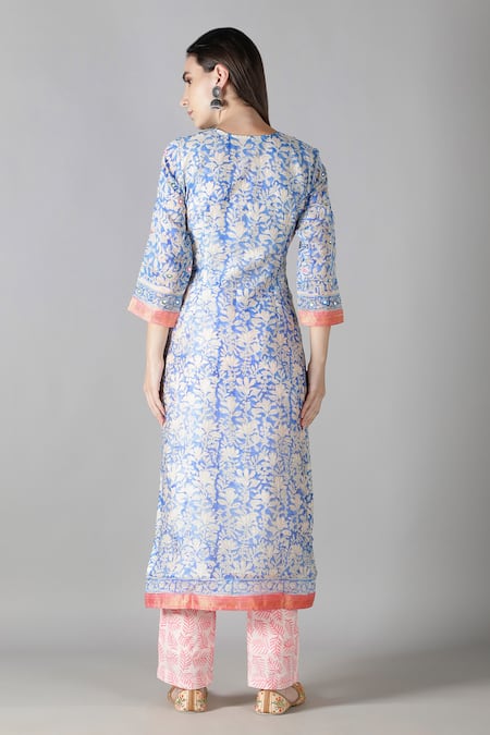 Shop_Sheeshakari_Blue Silk, Cotton Mirrors, Embroidery Collared And Aari Work Kurta Pant Set _at_Aza_Fashions