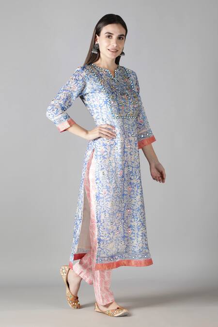 Buy_Sheeshakari_Blue Silk, Cotton Mirrors, Embroidery Collared And Aari Work Kurta Pant Set _Online_at_Aza_Fashions