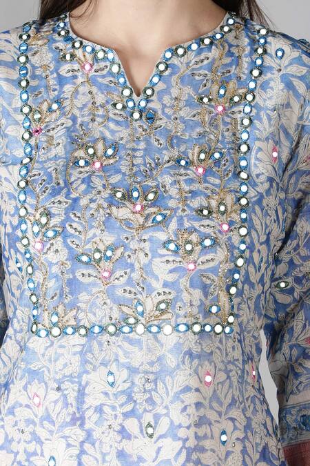Shop_Sheeshakari_Blue Silk, Cotton Mirrors, Embroidery Collared And Aari Work Kurta Pant Set _Online_at_Aza_Fashions