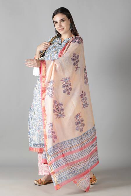 Sheeshakari_Blue Silk, Cotton Mirrors, Embroidery Collared And Aari Work Kurta Pant Set _at_Aza_Fashions